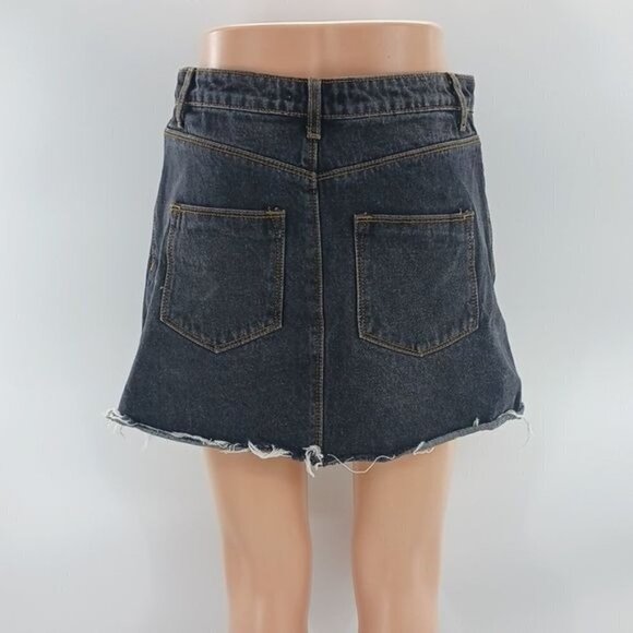 Forever 21 Womens M Blue Denim Mini Skirt Raw Hem Distressed Asymmetrical Cut - Picture 3 of 5
